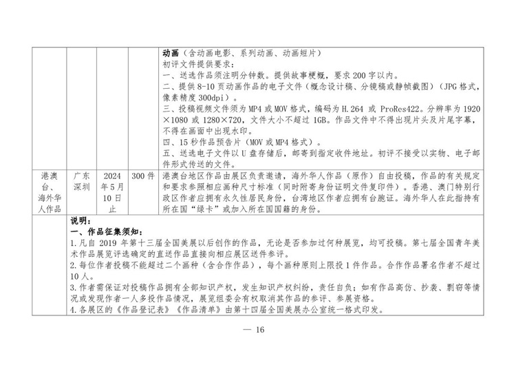 中国美术家协会 《第十四届全国美术作品展览各展区作品征集细则》